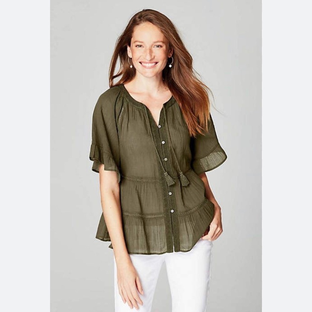 J. Jill Peasant Blouse Size PXL Olive Green Cotton Button Up Sheer Hippie Boho